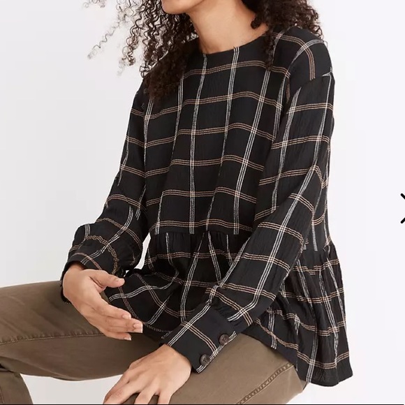 Madewell Button-Back Peplum Top in Plaid - Picture 1 of 7